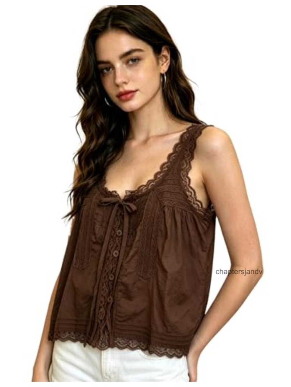 Women's Boho Lace Trim Tie Front Cotton Crop Tank Top, Button Down Flow